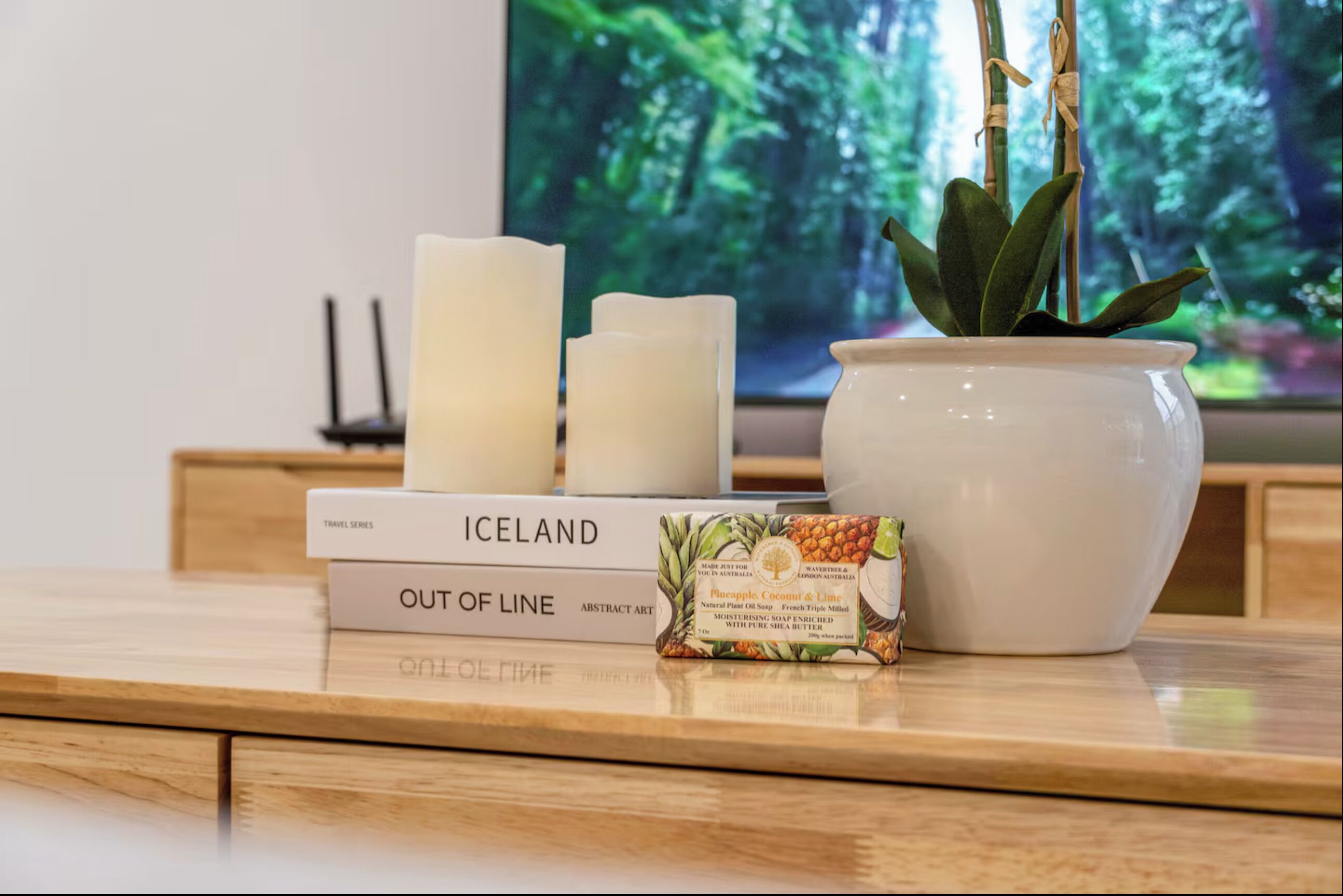 A wooden table with a white candle, a potted plant, a book titled "Iceland," and a small box of soap.