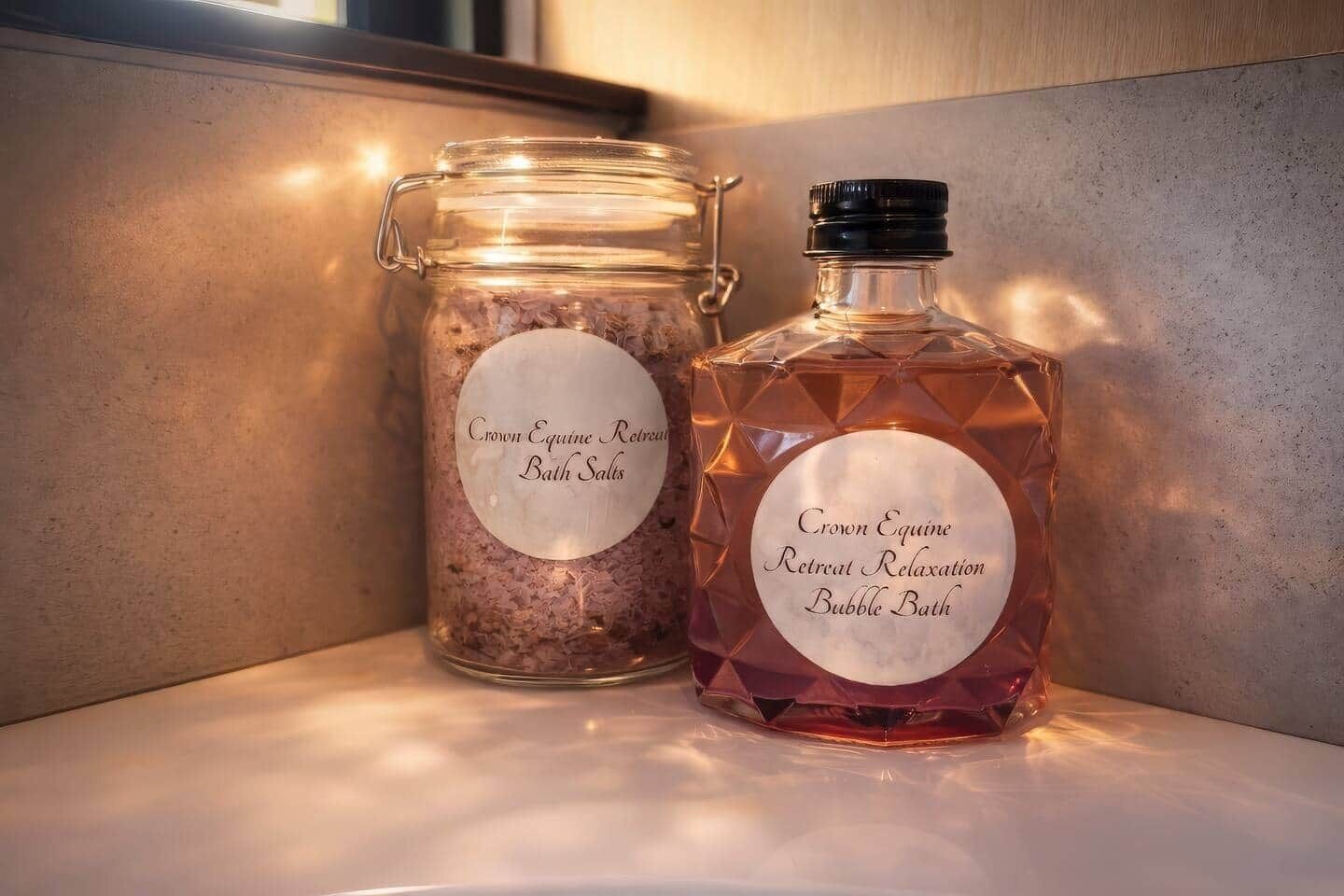 Two containers labeled 'Crown Equine Retreat Relaxation Bubble Bath' on a shelf.