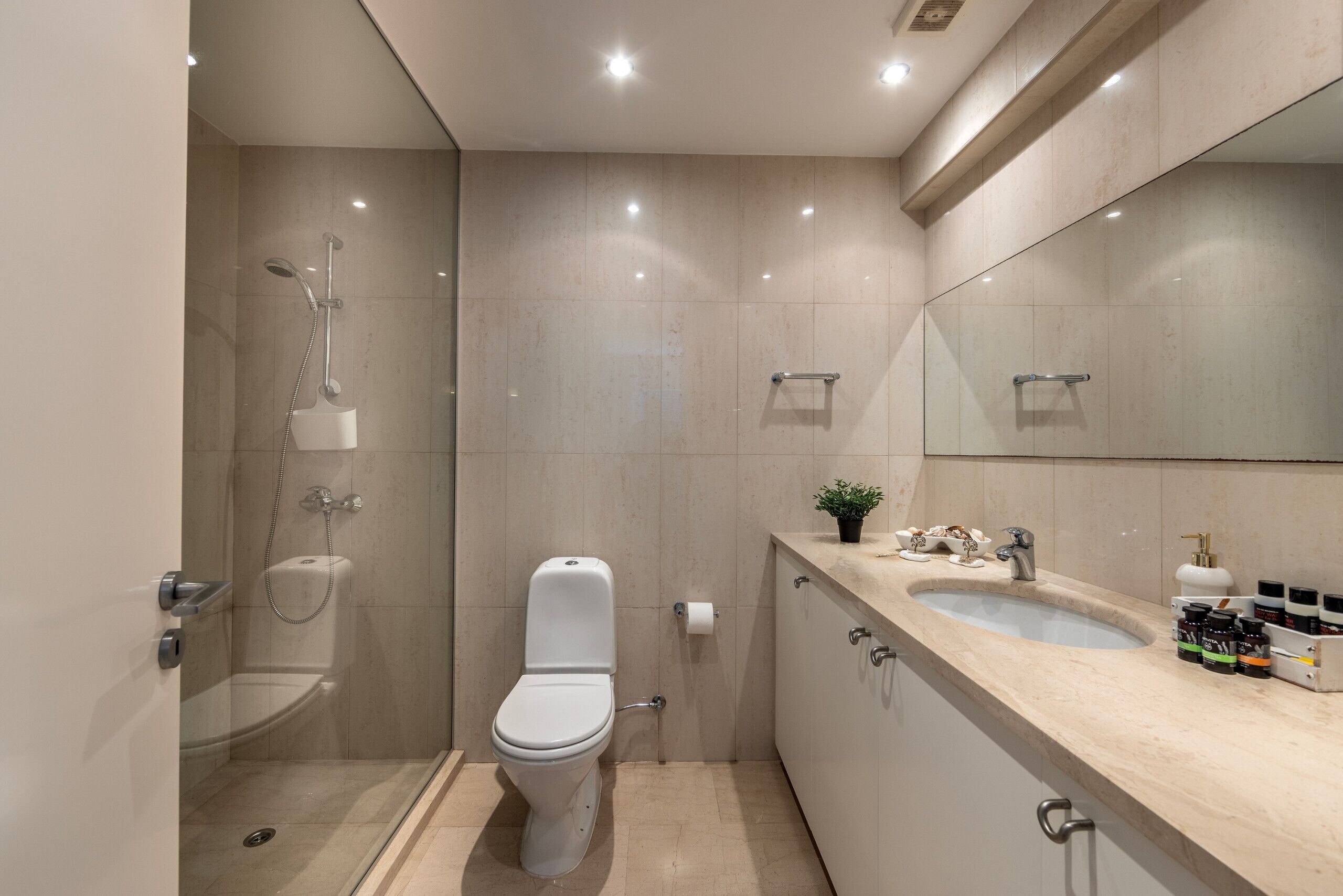 A modern bathroom with a glass-enclosed shower, a toilet, and a vanity with a sink and mirror.