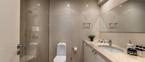 A modern bathroom with a glass-enclosed shower, a toilet, and a vanity with a sink and mirror.