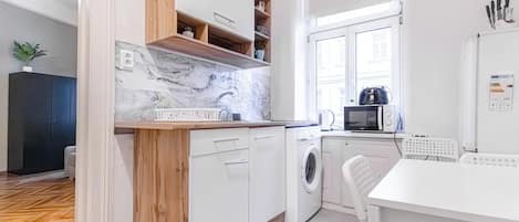 Basic-Apartment | Eigene Küche | Kühlschrank, Mikrowelle, Herdplatte, Kochgeschirr/Geschirr/Besteck
