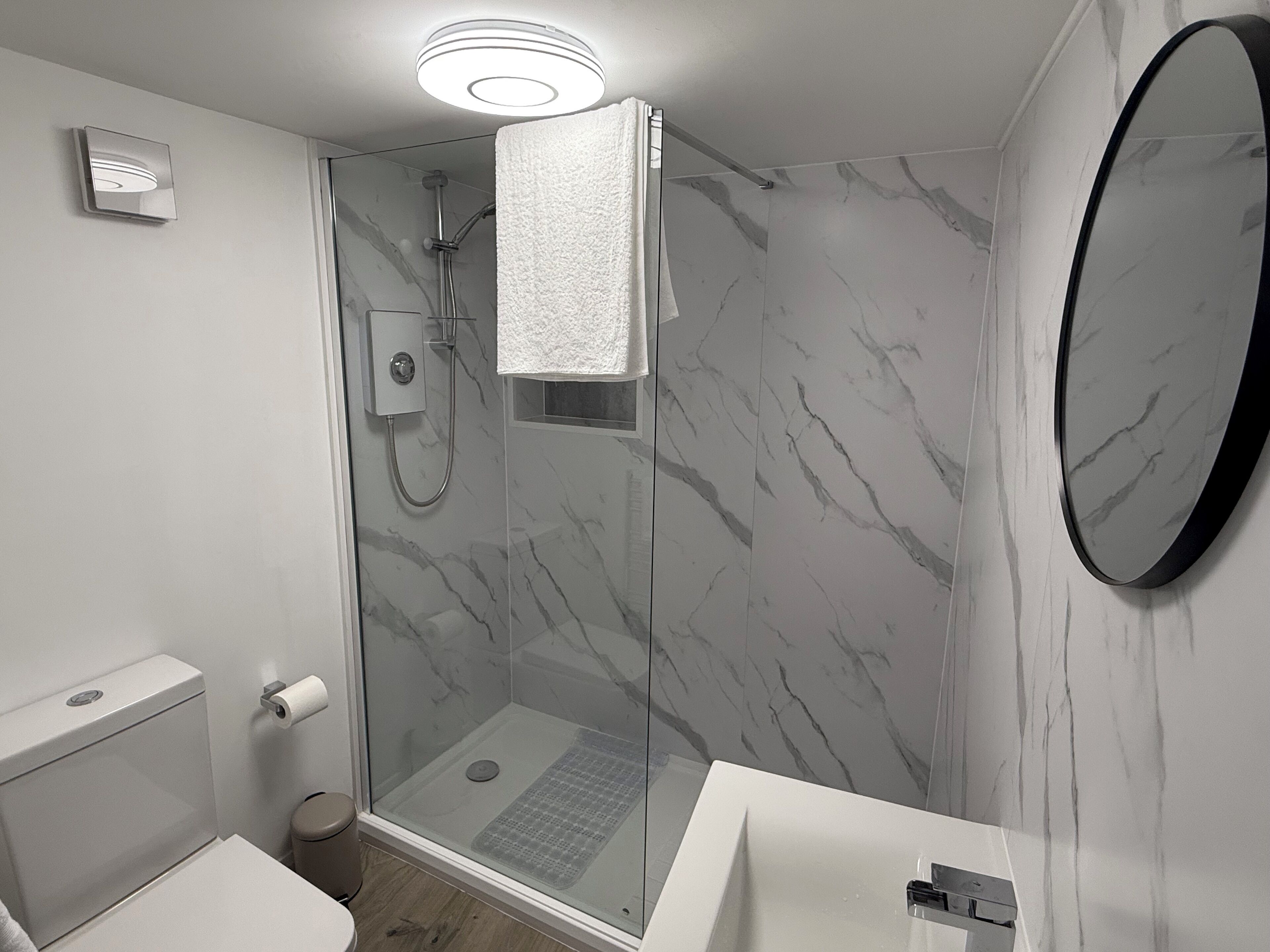 Shower, hair dryer, soap