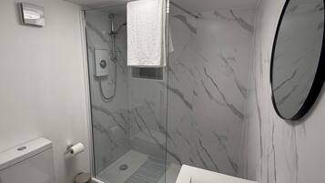 Shower, hair dryer, soap