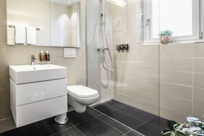Dusche, Haartrockner, Handtücher, Seife