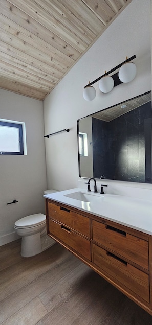 Chuveiro, secador de cabelo, toalhas de banho, sabonete