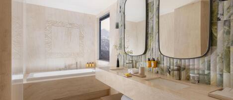 A modern bathroom with a bathtub, two sinks, and a large mirror.