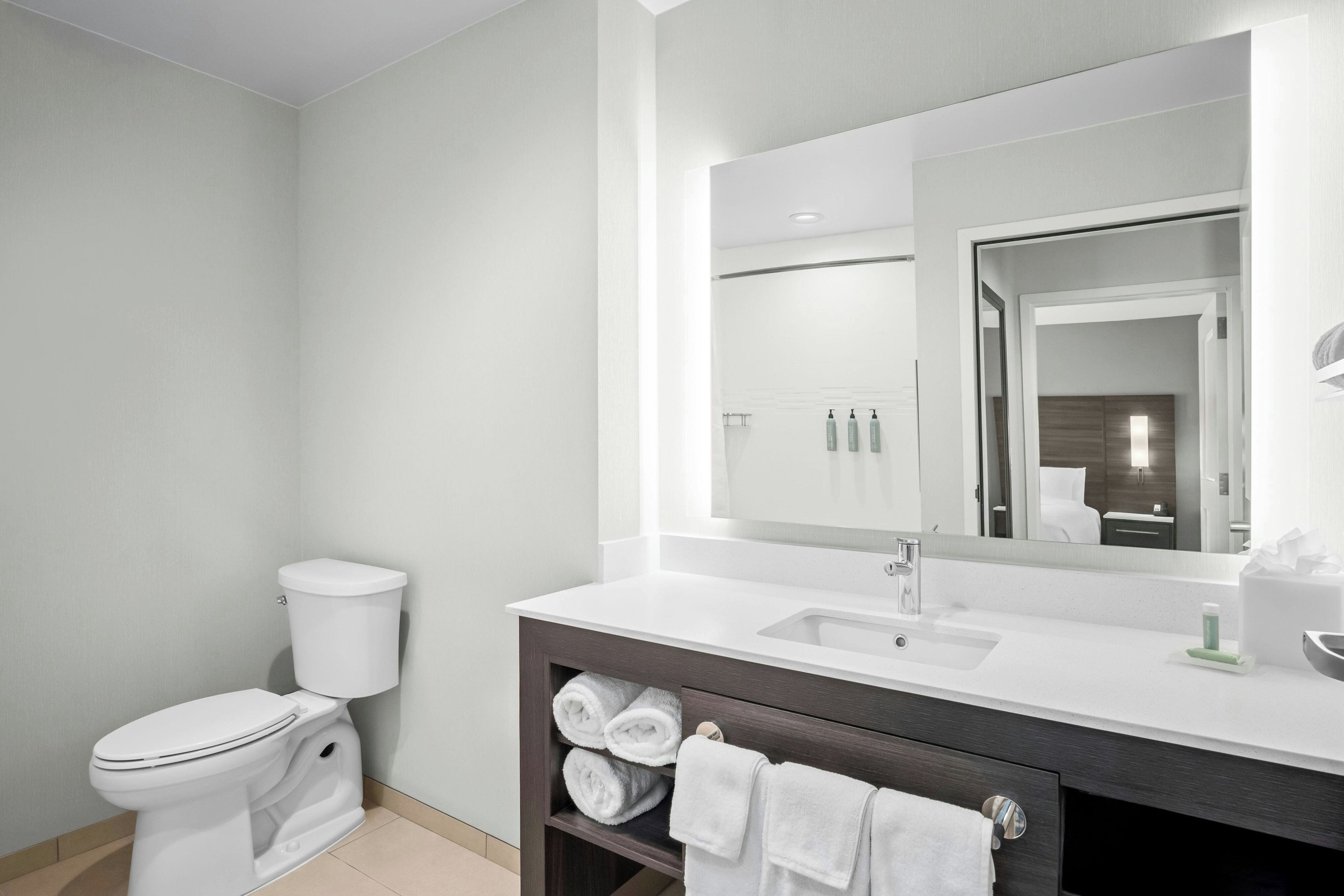 A modern bathroom with a toilet, sink, mirror, and towel rack.