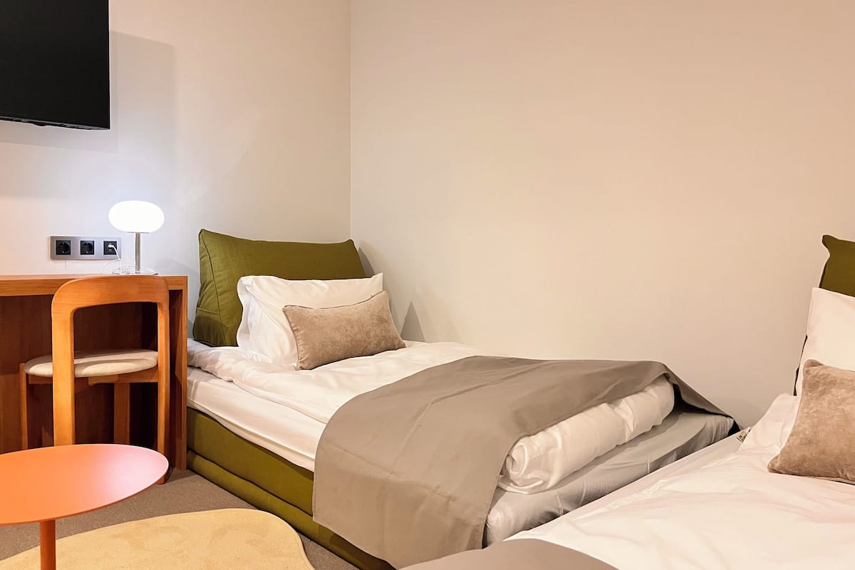 A compact hotel room with a single bed, a desk with a chair, and a flat-screen TV mounted on the wall.