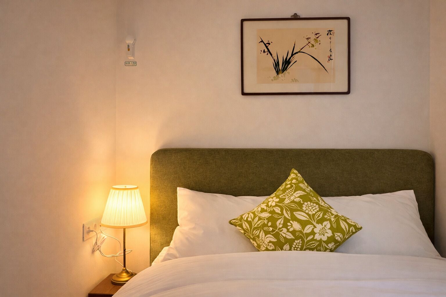 Un letto rifatto con cura, con una testiera verde, un cuscino bianco e un cuscino verde con motivo floreale. A sinistra del letto è presente una lampada fissata al muro.