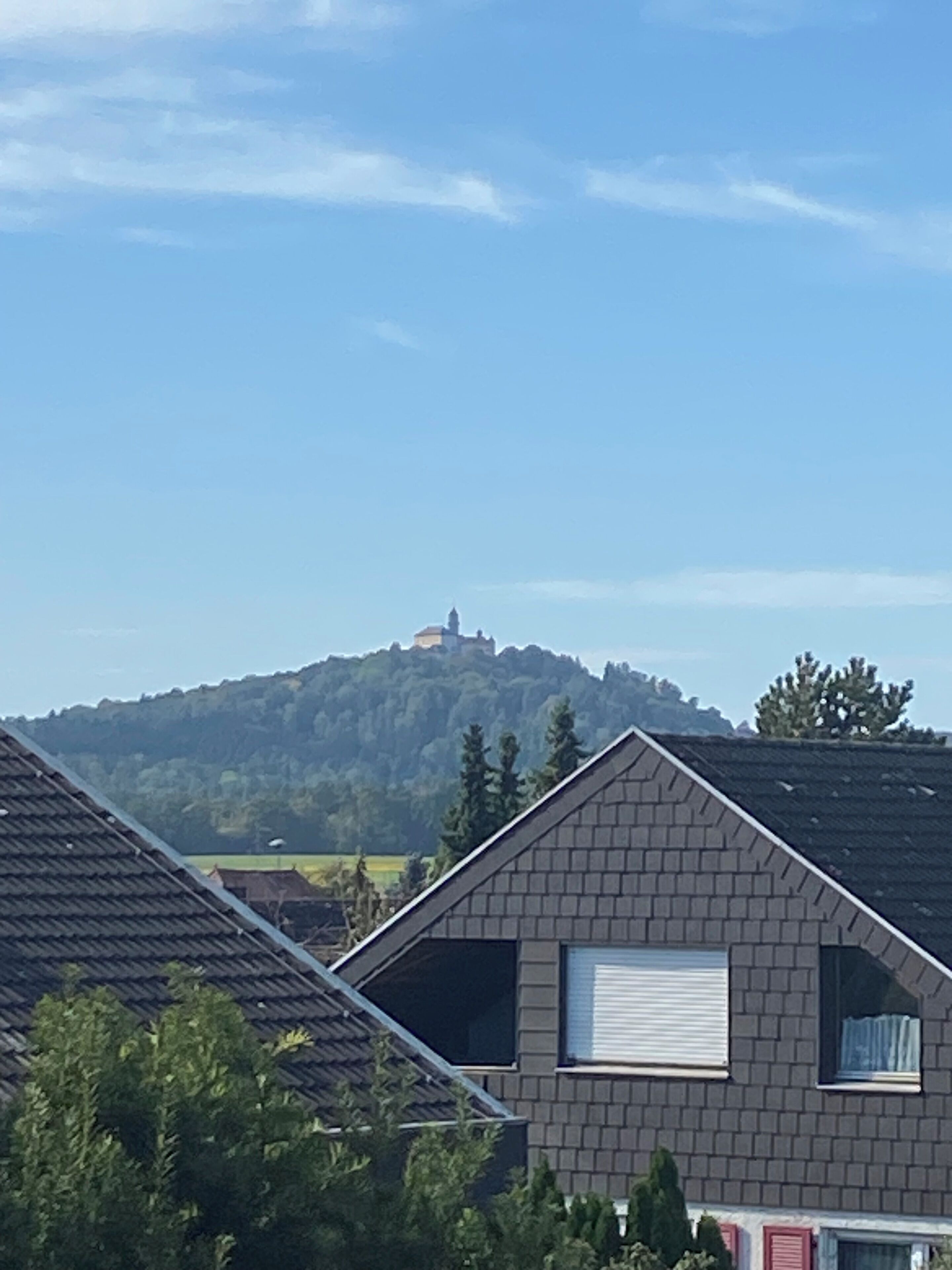 Un quartier résidentiel avec des maisons situées sur une colline, un ciel dégagé et, au loin, une structure qui ressemble à un château.