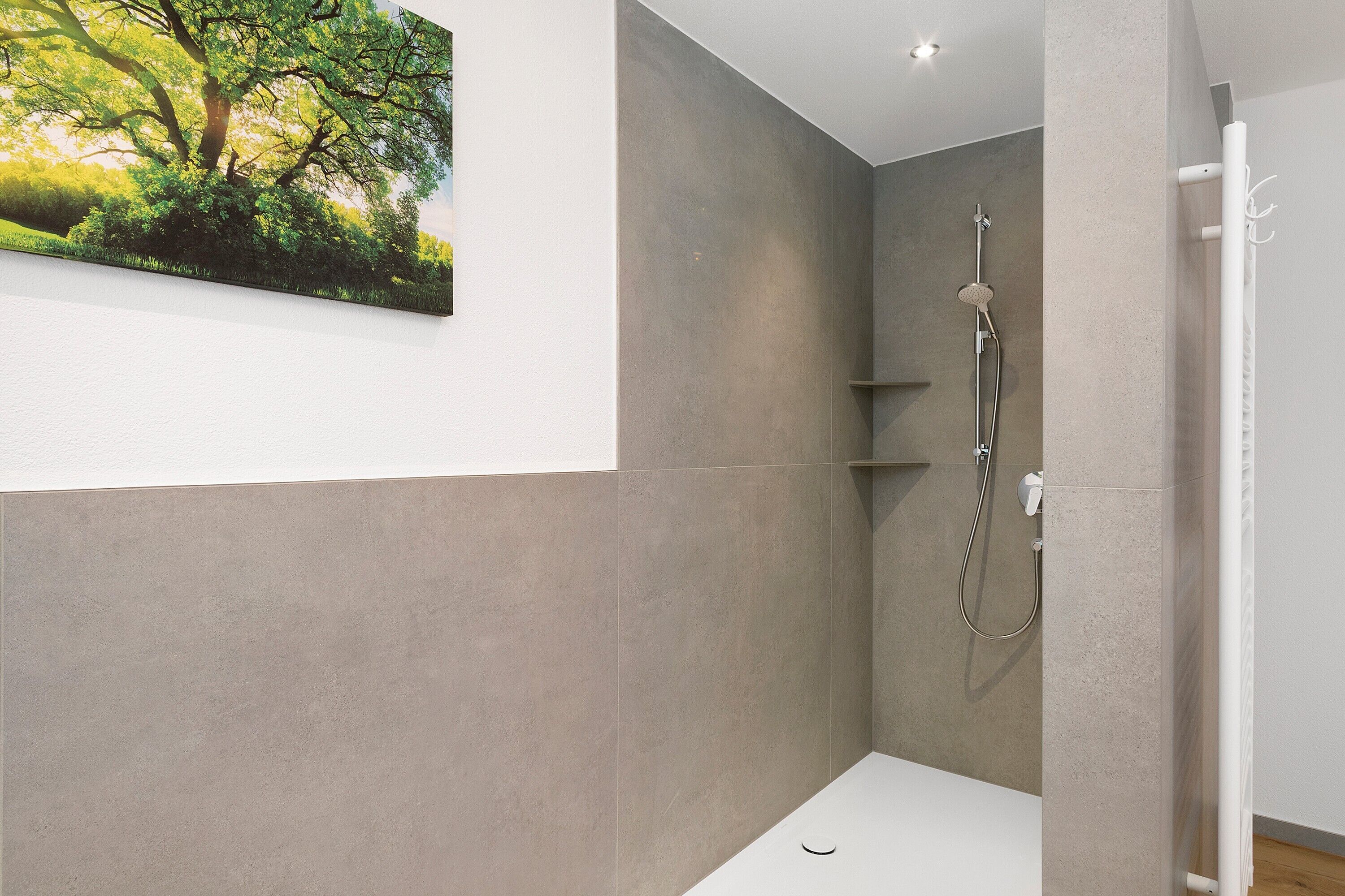 Een moderne badkamer met een douche, een in het plafond ingebouwde lamp en een aan de muur hangend schilderij.