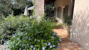 Ein überdachter Außenbereich mit Steinboden, einer Pergola und Blick auf ein Gebäude mit einer Tür.