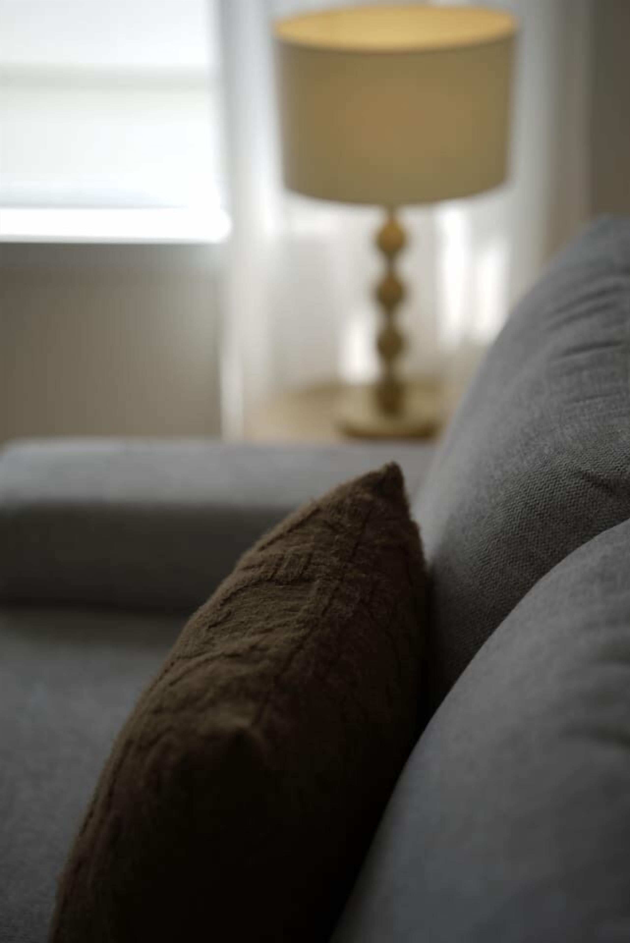 Un gros plan d’un canapé avec un coussin à texture particulière et une lampe en arrière-plan.
