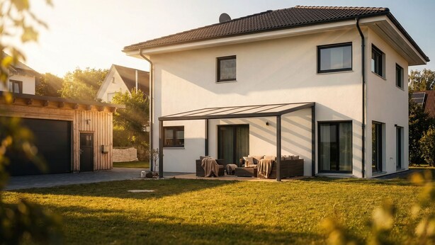 Uma casa moderna com dois andares, varanda coberta, garagem e gramado bem cuidado.