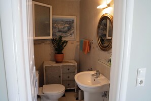 A compact bathroom with a toilet, sink, and a potted plant.