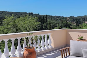 Un balcon avec une balustrade blanche, un pot de fleurs, une chaise en bois et un coussin.
