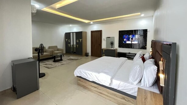 A modern bedroom with a large bed, a TV, a desk, and a fan.