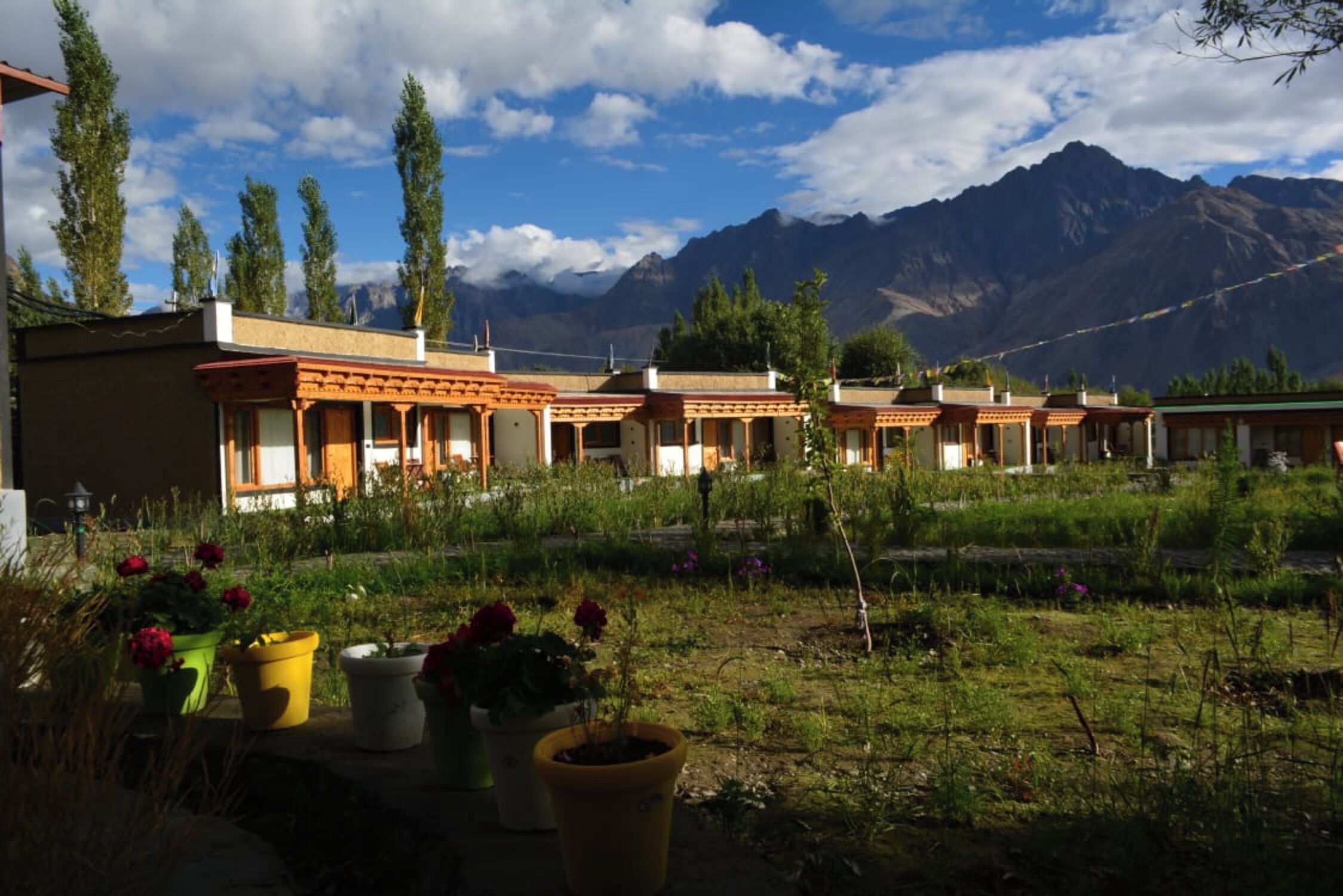 A row of traditional buildings with a mountainous backdrop.