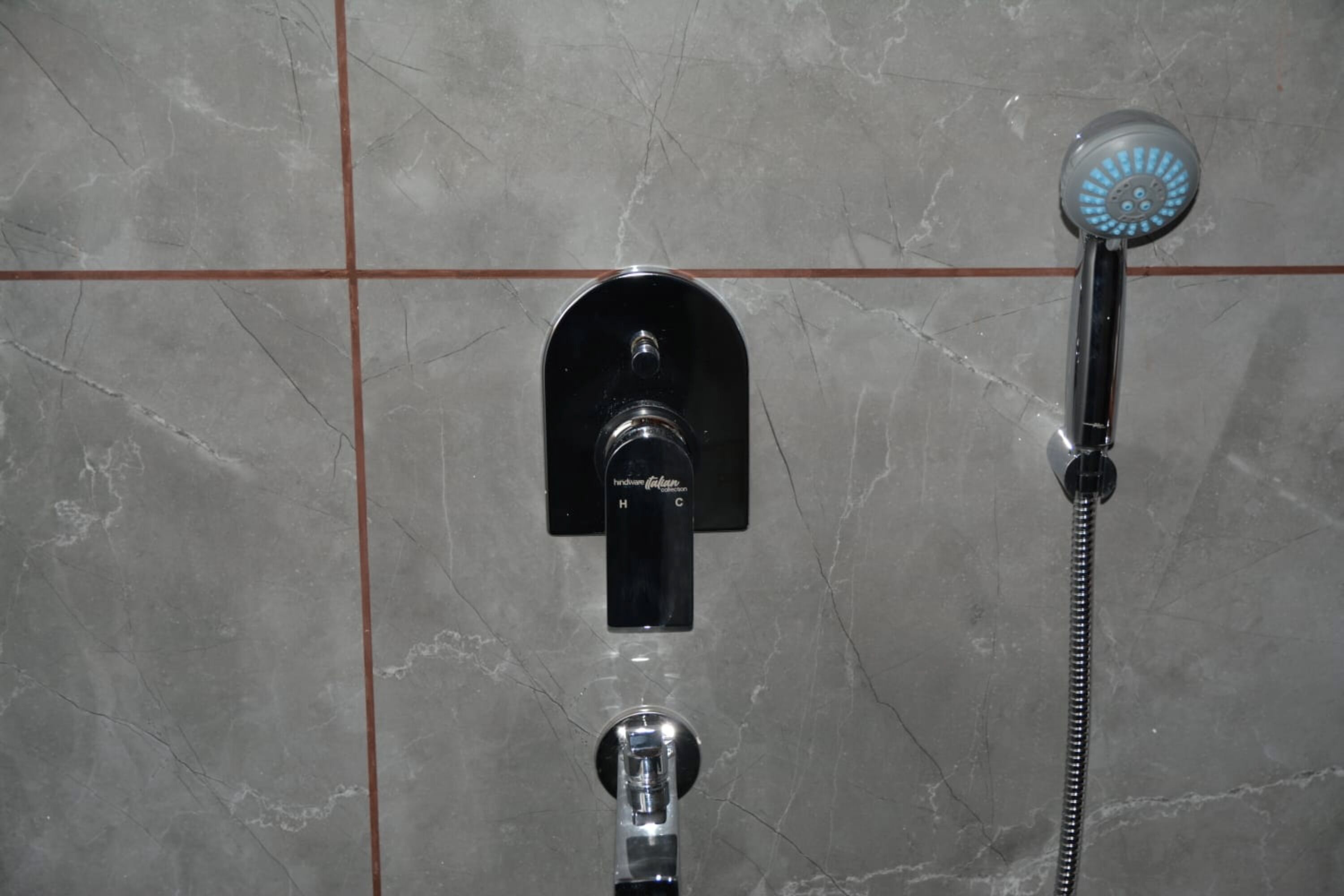 Een badkamer met een douche, een wastafel en een toilet.