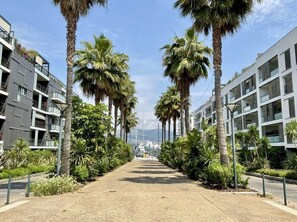 A pathway flanked by modern buildings and palm trees, leading towards a marina. - Fully air-conditioned apartment with a terrace and garage (La Seyne-sur-Mer)