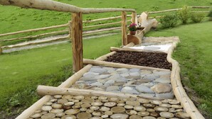 Uma ponte de madeira com um caminho de pedra, rodeada por vegetação.