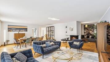 TV connectée, cheminée, livres