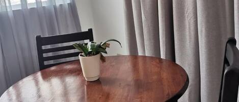 Una mesa redonda de madera con una planta en maceta, una silla y una ventana con cortinas.