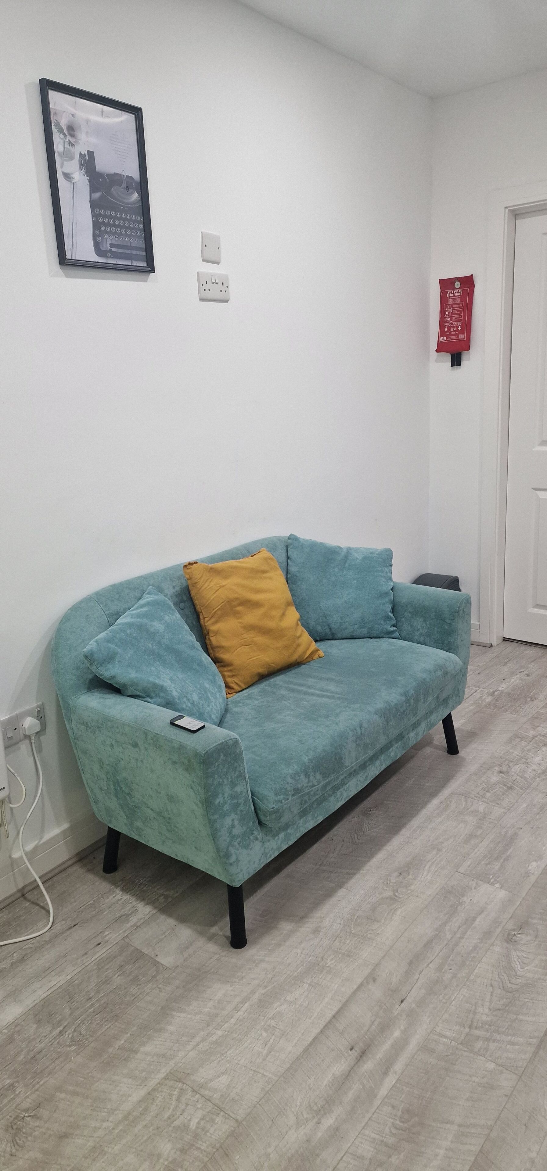 A teal sofa with a mustard-colored pillow in a room with white walls, a framed picture, and a red fire safety sign.