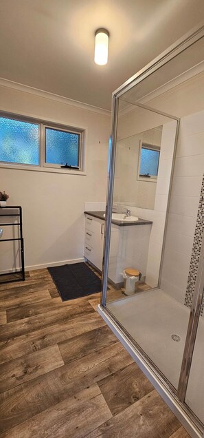 Shower, hair dryer, soap, shampoo
