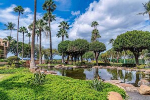 A landscaped garden with a pond, palm trees, and a view of the sea. - Kamaole Sands 5-210 - Stunning 1BR/2BA, King Bed, Center-Cut Bldg 5, AC, Wi-Fi (Kihei)