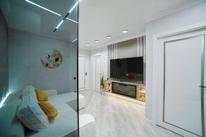 Télévision, cheminée, chaîne hi-fi, espaces bureaux