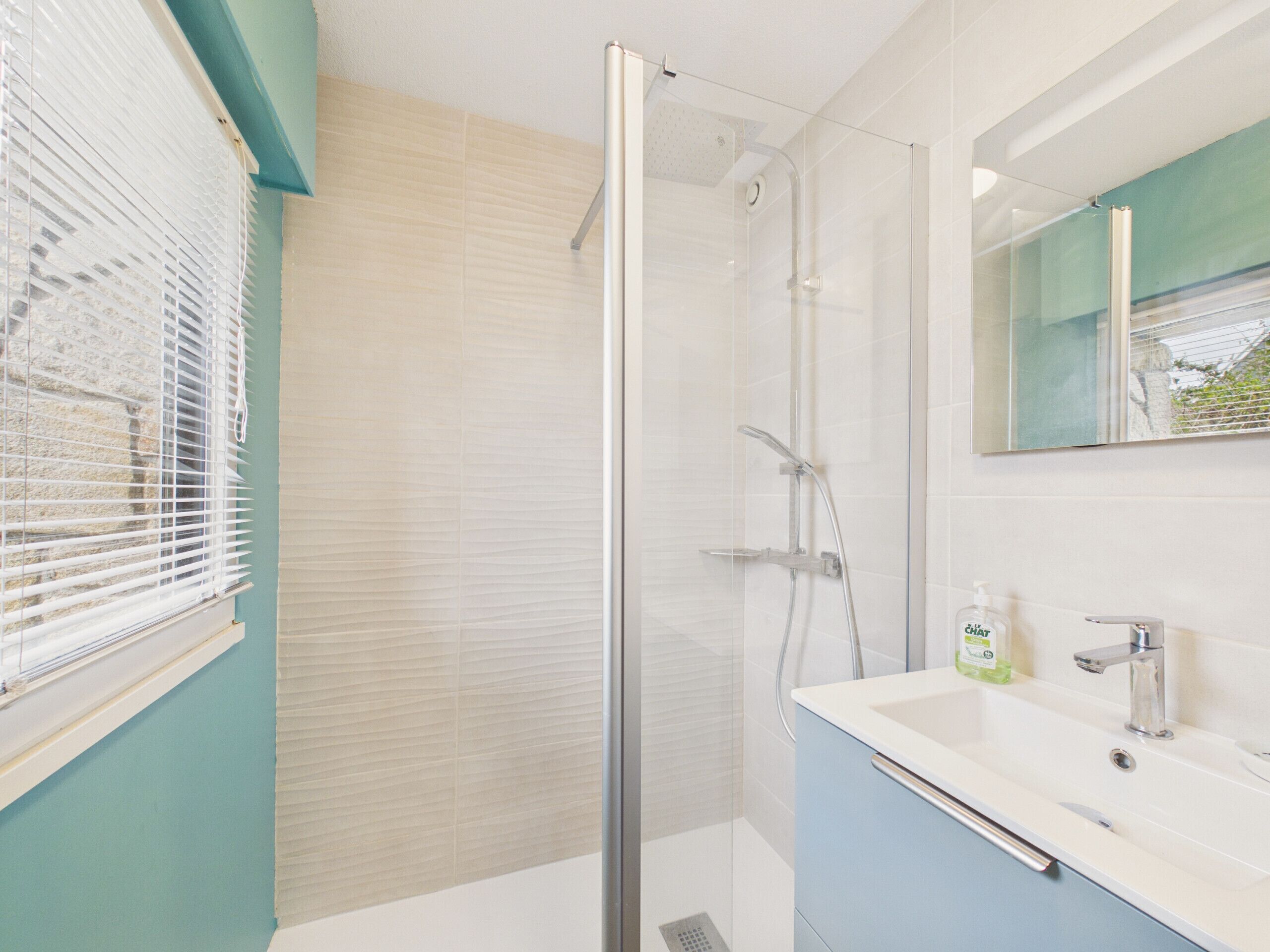 A modern bathroom with a glass-enclosed shower, a white sink, and a mirror above it.