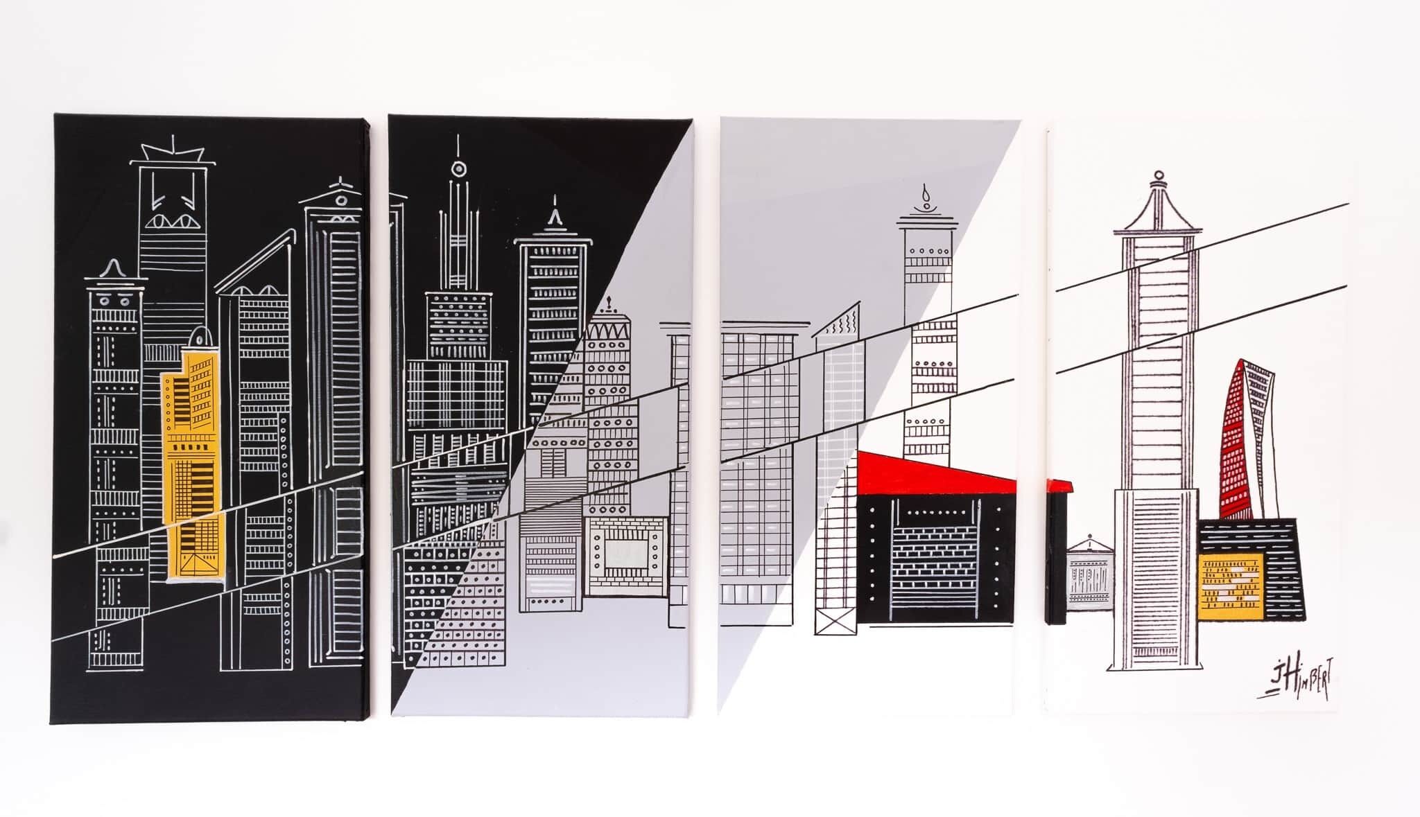 Une vue urbaine comprenant divers bâtiments, notamment un immeuble jaune remarquable et un immeuble rouge.