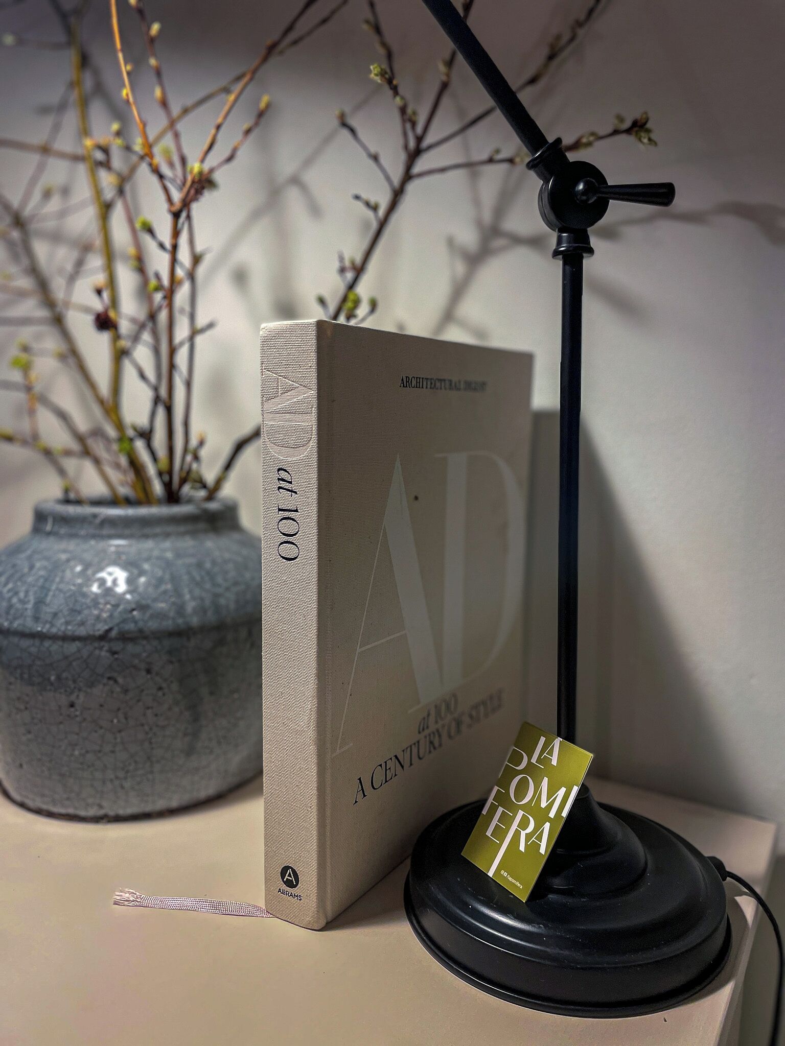 A book titled "At 100 a Century of Style" on a shelf with a lamp and a vase of branches.