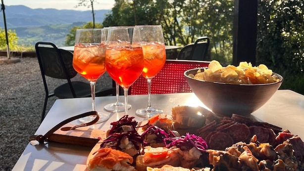 Une table avec une assiette de nourriture, trois verres d’une boisson rouge et un bol de chips, le tout installé à l’extérieur, avec vue sur des arbres et des montagnes.