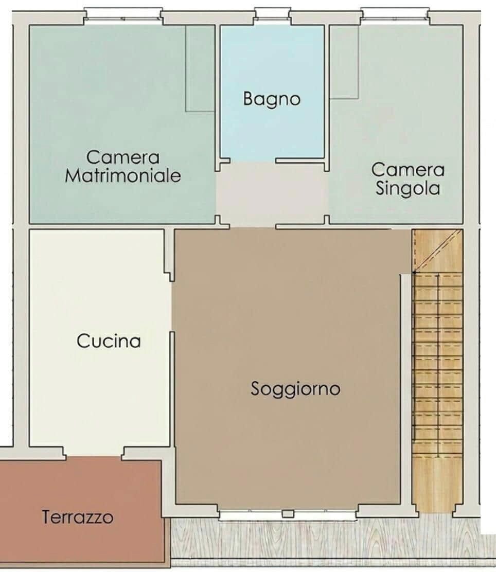 Un plan d’étage comprenant une chambre double, une chambre individuelle, une salle de bain, une cuisine, un salon et une terrasse.