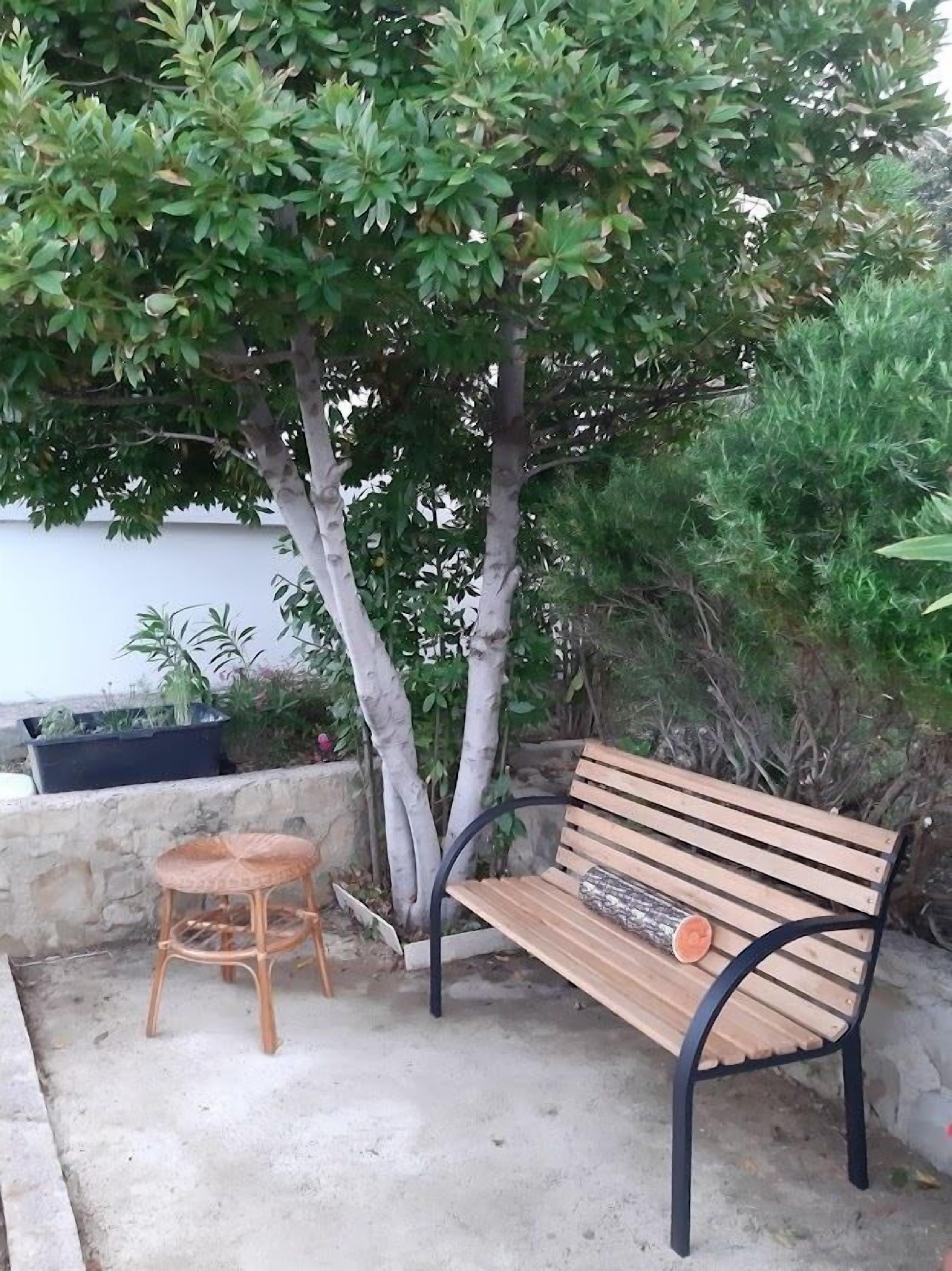 A wooden bench with metal armrests, a wicker stool, and a potted plant in a garden area.