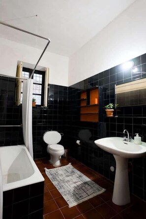 Shower, hair dryer, towels, shampoo