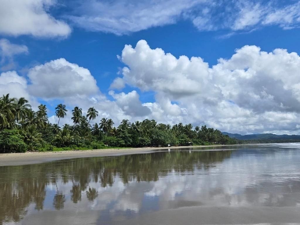 On the beach, white sand, sun-loungers, beach umbrellas