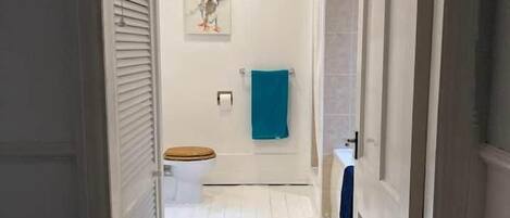 A narrow hallway with a toilet, a towel rack, and a painting on the wall.