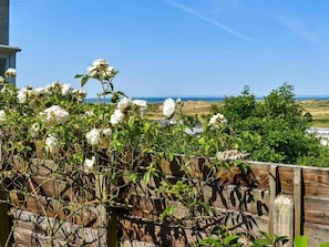 Een tuin met witte bloemen, een houten hek en uitzicht op de oceaan.
