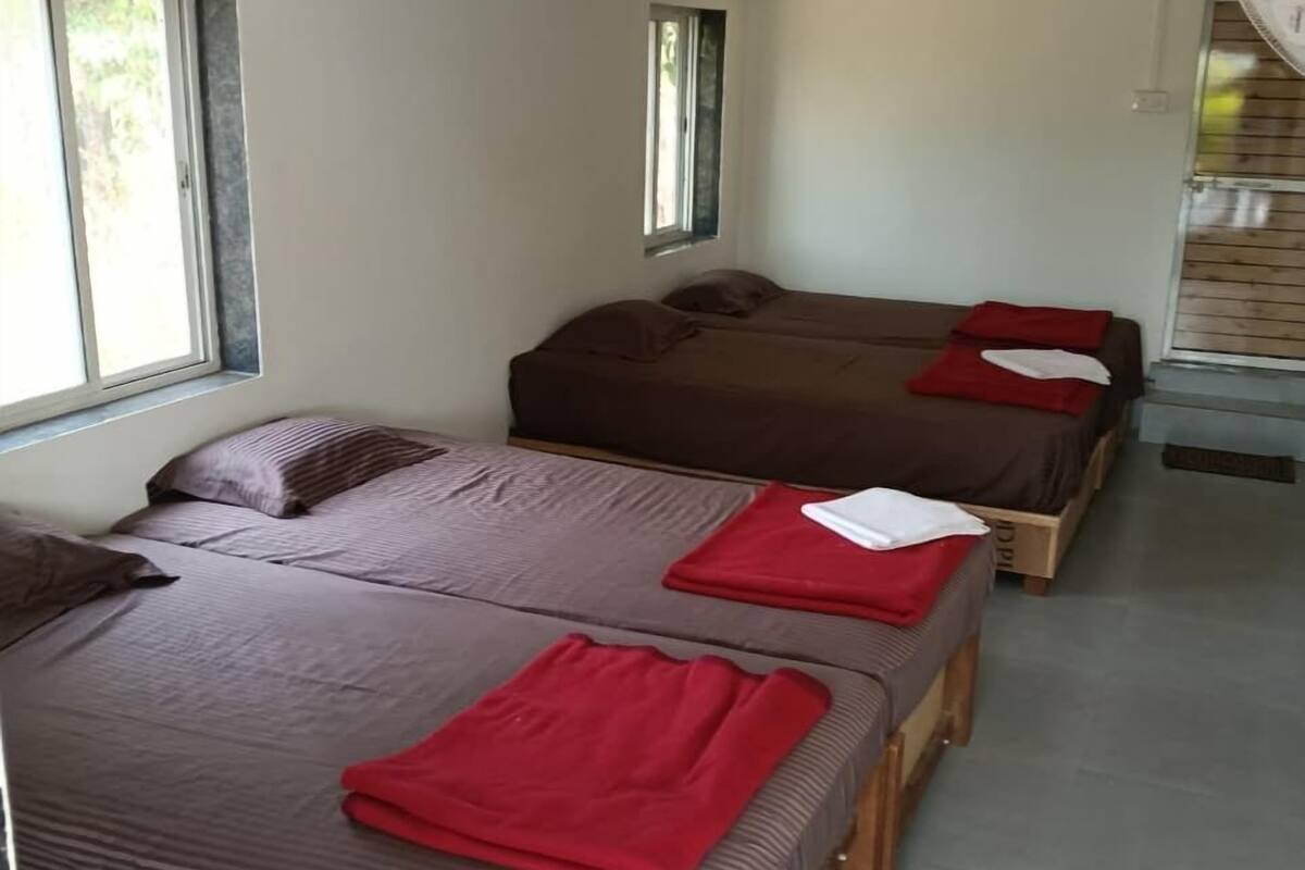 A room with two beds, each with a brown mattress and red pillows, and a window providing natural light.