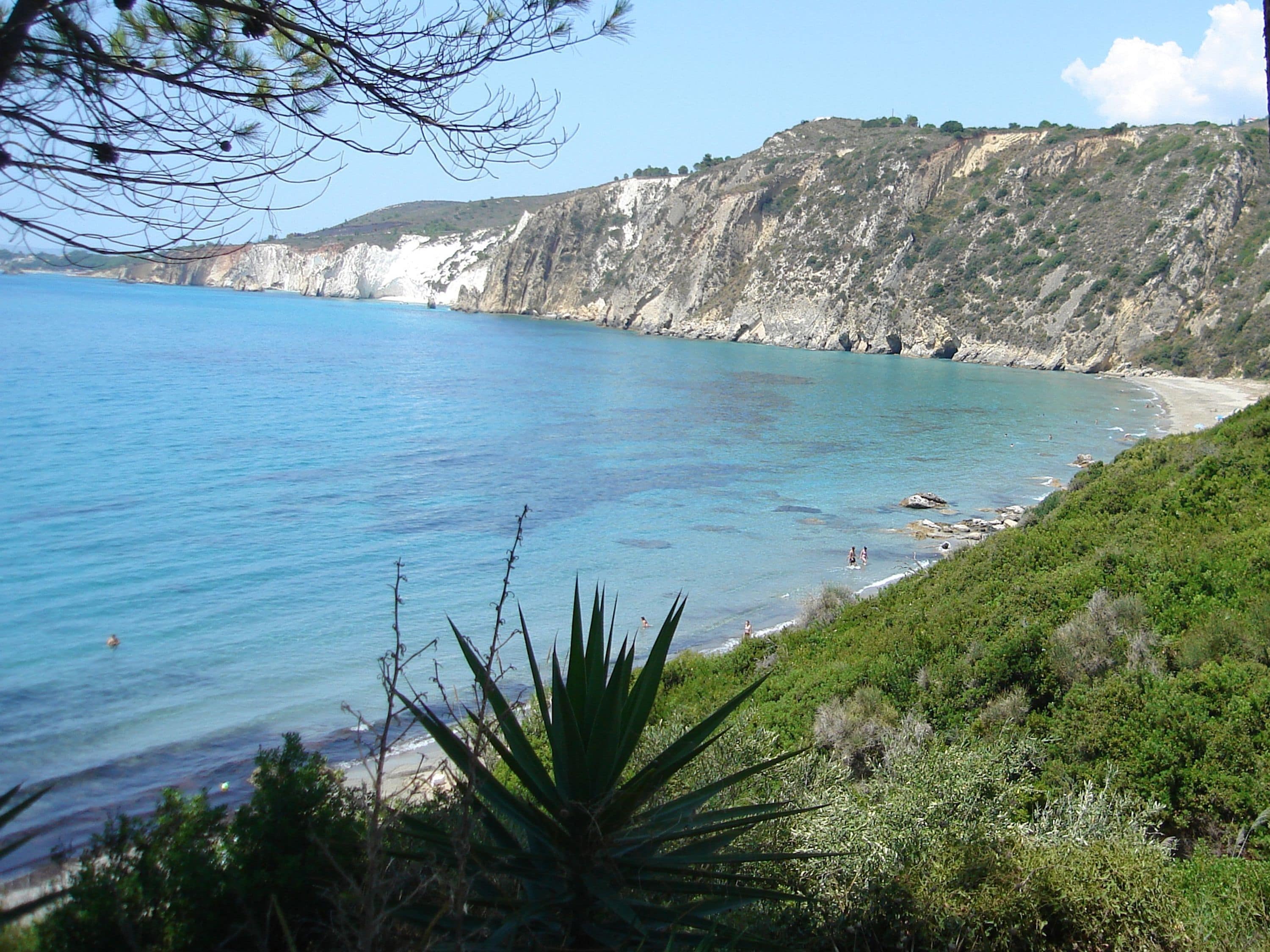 A coastal landscape with a clear blue sea, rocky cliffs, and dense greenery.