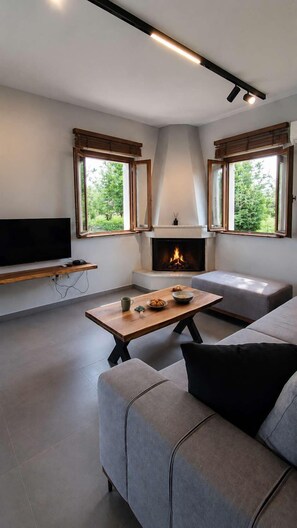TV, fireplace, offices - Alaia Gaia Suite - Cozy Garden Retreat Kefalonia (Lixouri, Kefalonia)