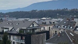 Een woongebied met moderne gebouwen, waarvan sommige schuine daken en dakramen hebben, en een berg op de achtergrond.