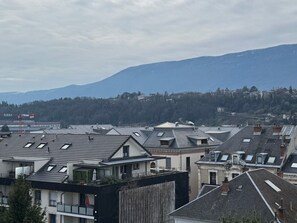 A residential area with modern buildings, some with sloped roofs and skylights, and a mountain in the background. - Quiet Studio Downtown with WIFI, Pets Allowed (Aix-les-Bains)
