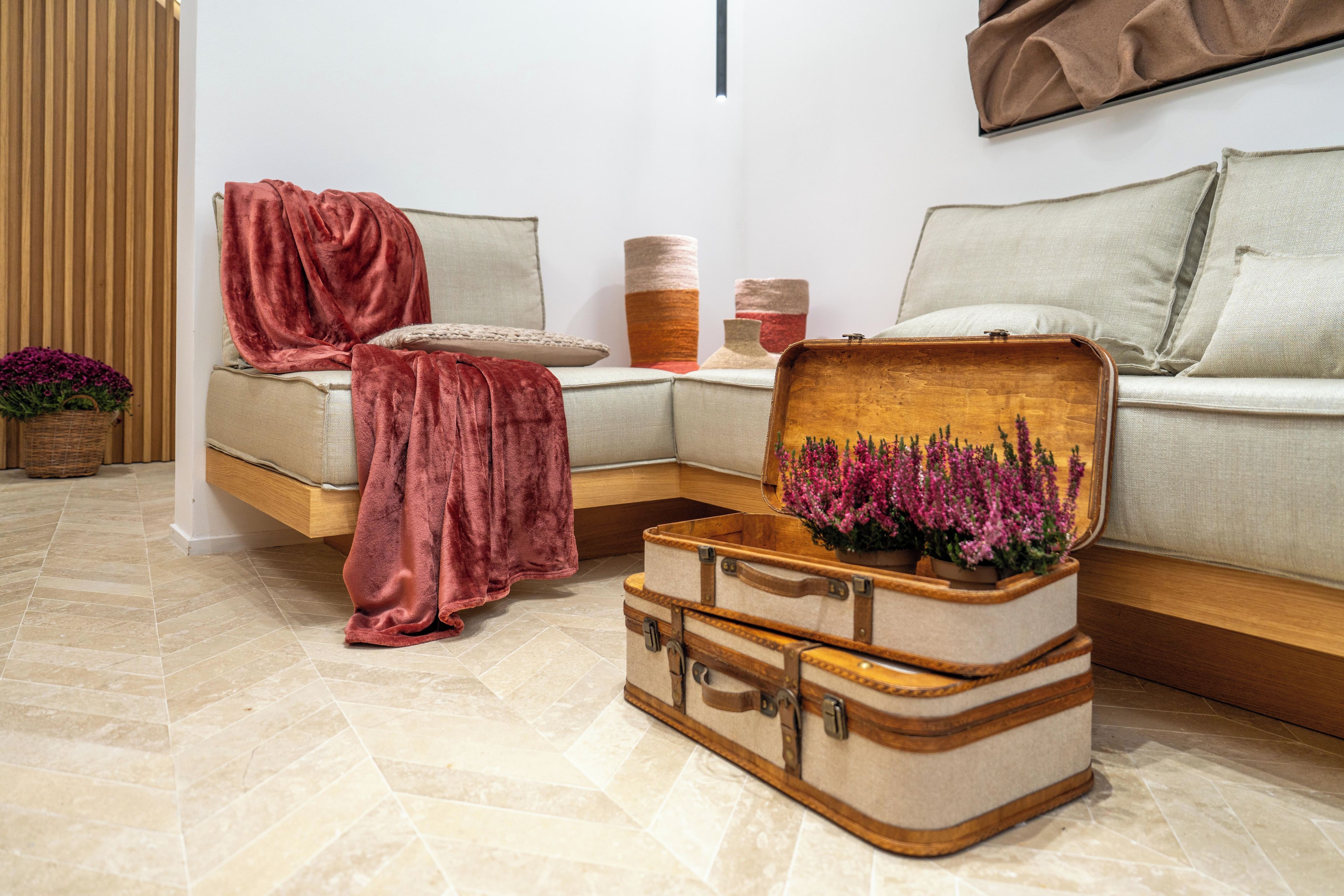 Un salon chaleureux avec un canapé, un plaid rouge et une valise ancienne décorée de motifs floraux.