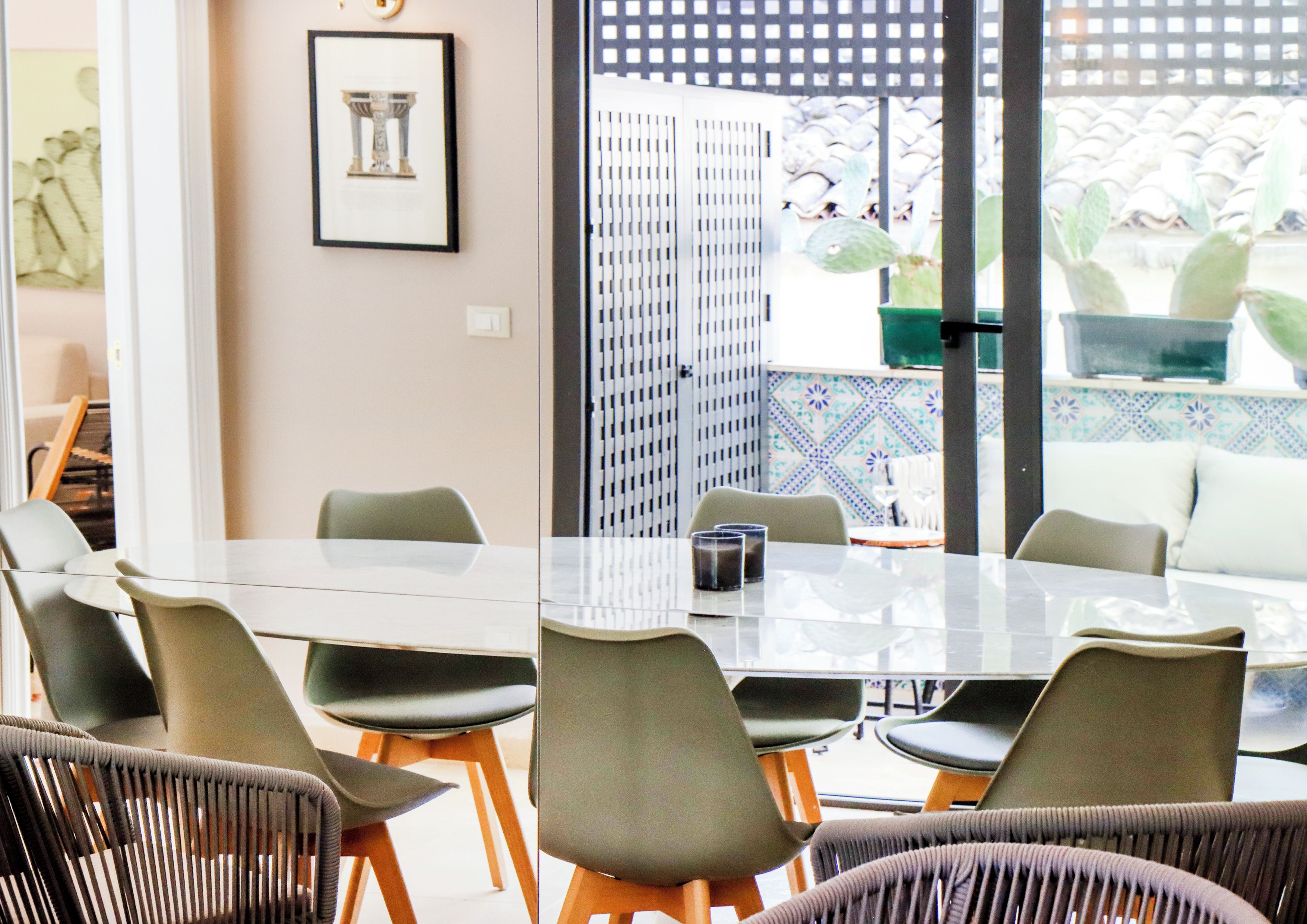 A conference room with a glass table, chairs, and a potted plant.