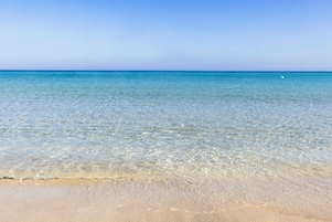 Una vista despejada de una playa con agua tranquila y una orilla arenosa.