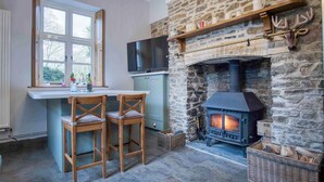 A cozy kitchen with a stone fireplace, a TV mounted above it, and a window with a view of trees. - The Old Rectory - 5 Bedroom Holiday Home - Llanedi (Swansea)